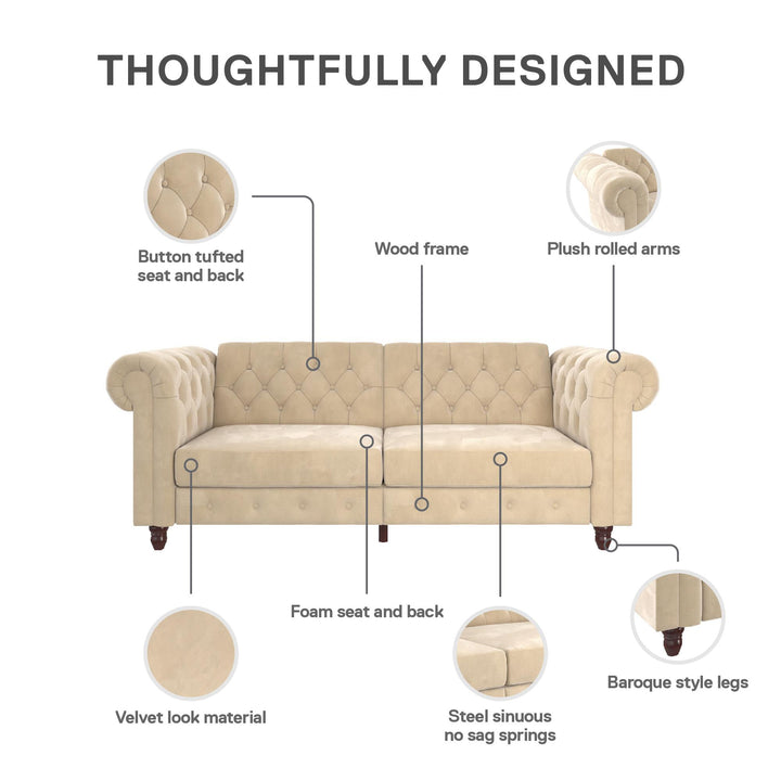 Felix Chesterfield Futon in Velvet Upholstery with Victorian Wood Padded Legs - Ivory