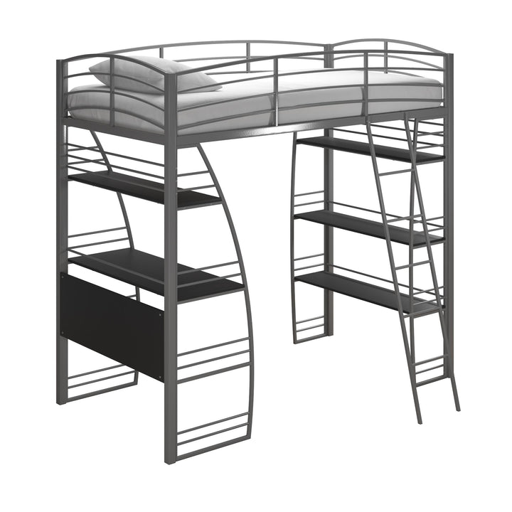 Sage Studio Twin Loft Bed with Integrated Desk and Shelves - Silver - Twin