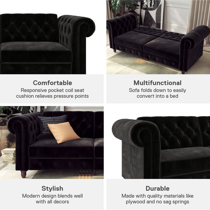 Felix Chesterfield Futon in Velvet Upholstery with Victorian Wood Padded Legs - Black