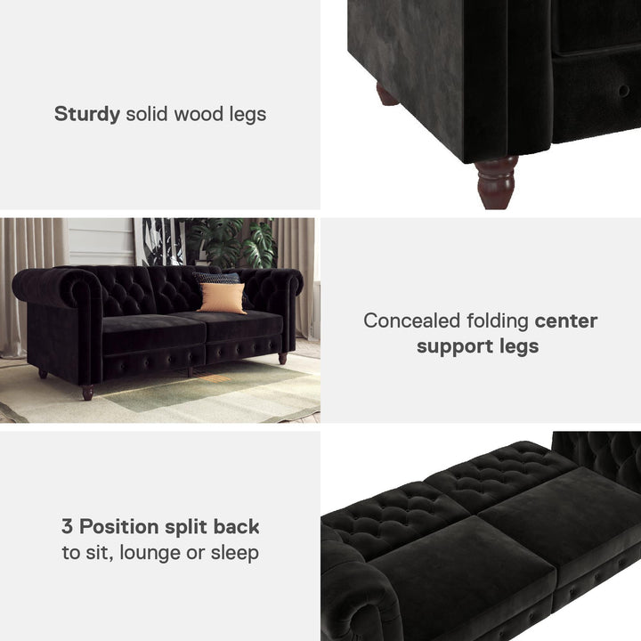 Felix Chesterfield Futon in Velvet Upholstery with Victorian Wood Padded Legs - Black