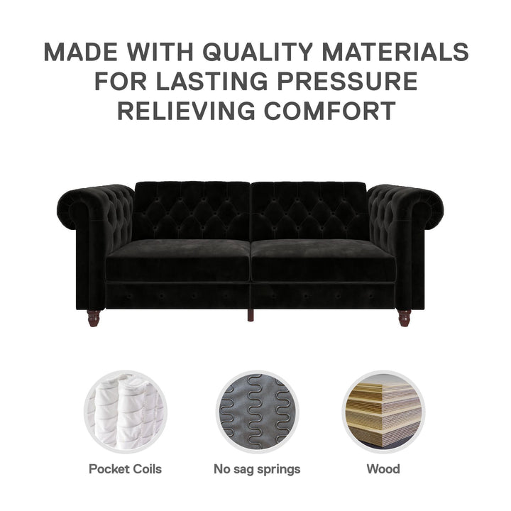 Felix Chesterfield Futon in Velvet Upholstery with Victorian Wood Padded Legs - Black