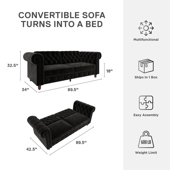 Felix Chesterfield Futon in Velvet Upholstery with Victorian Wood Padded Legs - Black