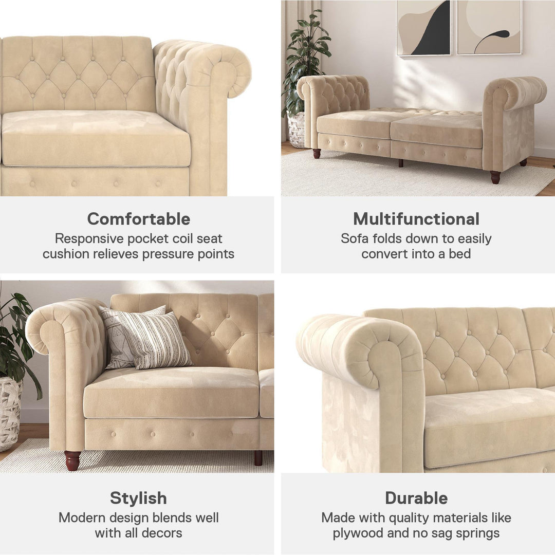 Felix Chesterfield Futon in Velvet Upholstery with Victorian Wood Padded Legs - Ivory