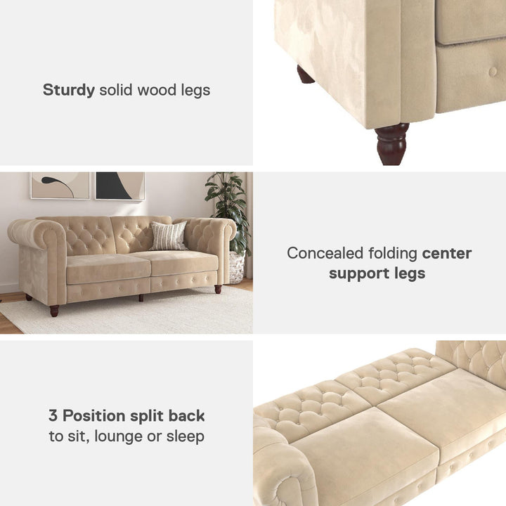 Felix Chesterfield Futon in Velvet Upholstery with Victorian Wood Padded Legs - Ivory