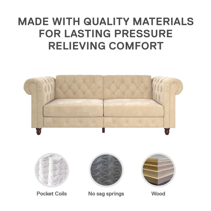 Felix Chesterfield Futon in Velvet Upholstery with Victorian Wood Padded Legs - Ivory