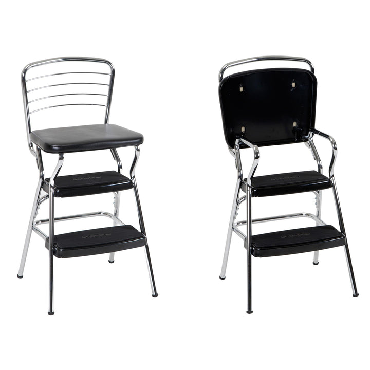 Stylaire Retro Chair + Step Stool with Flip-Up Seat - Black - 1-Pack