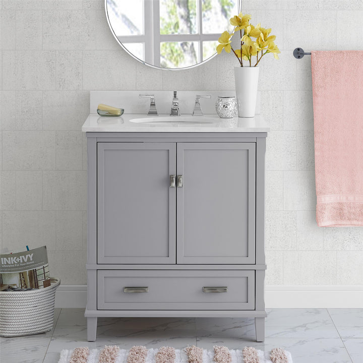 Otum Solid Wood 18-30 Inch Bathroom Vanity with Pre-Installed Oval Porcelain Sink - Gray - 30"