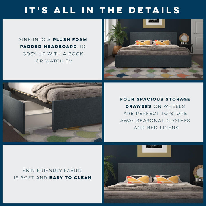 Upholstered Bed with 4 Storage Drawers -  Navy 