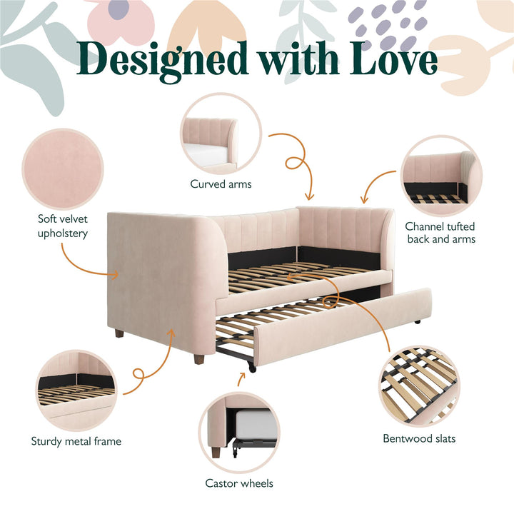 Valentina Upholstered Daybed with Trundle and Vertical Stitching - Pink - Twin