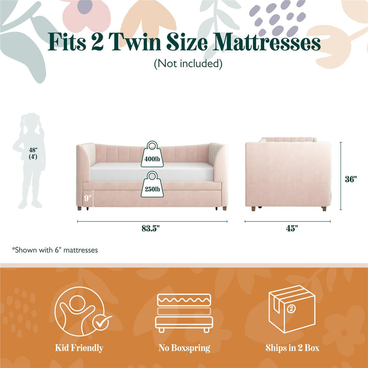 Valentina Upholstered Daybed with Trundle and Vertical Stitching - Pink - Twin