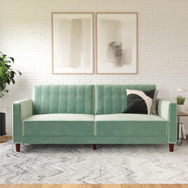 Pin Tufted Transitional Futon with Vertical Stitching and Button Tufting - Light Green