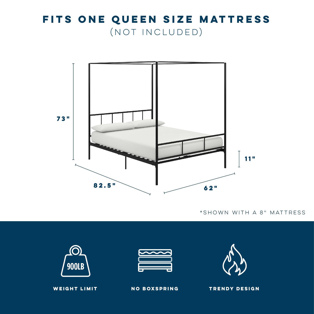 Marion Four Poster Metal Canopy Bed with Soft Clean Lines - Black - Queen
