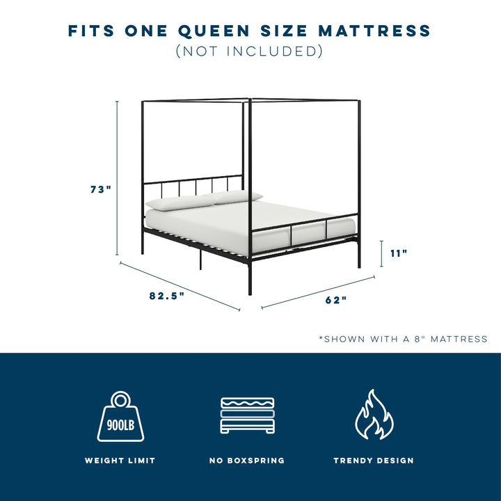 Marion Four Poster Metal Canopy Bed with Soft Clean Lines - Black - Queen
