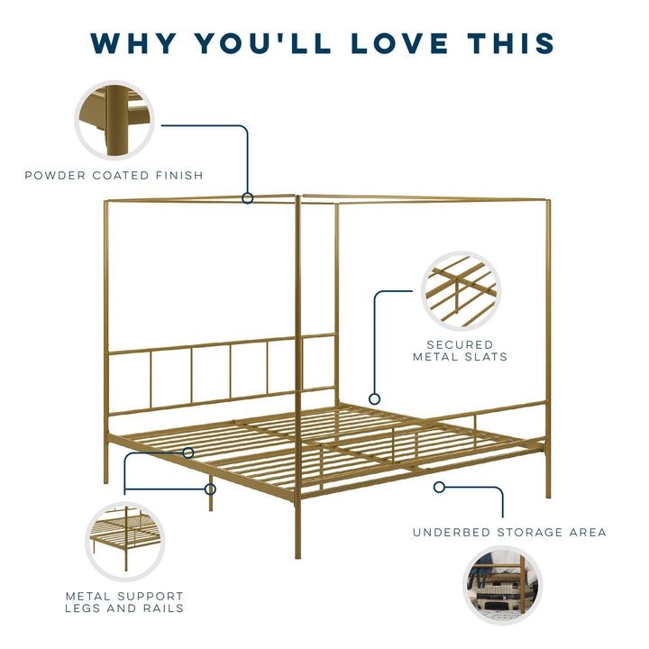 Marion Canopy Bed - Marion Four Poster Metal Canopy Bed with Soft Clean Lines  -  Gold 