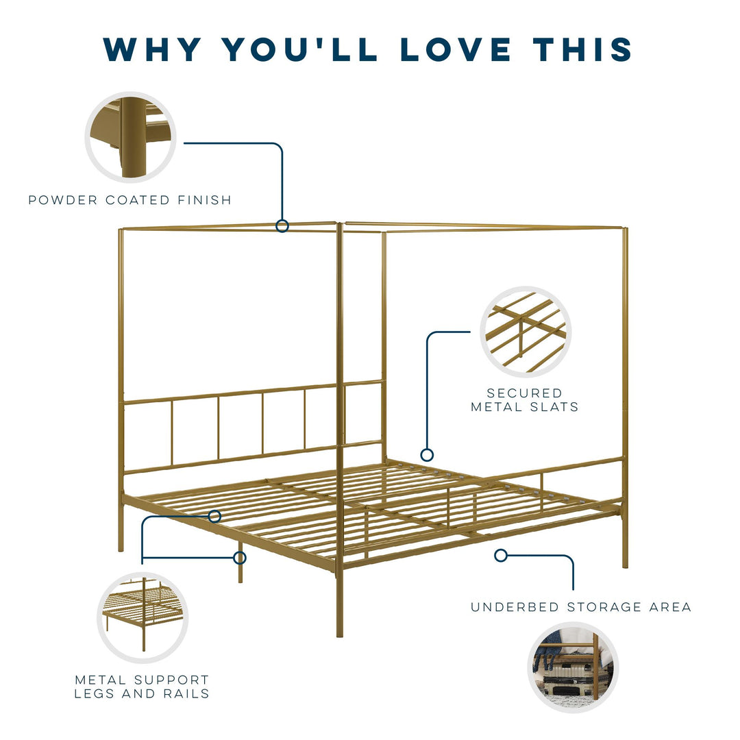 Marion Canopy Bed - Marion Four Poster Metal Canopy Bed with Soft Clean Lines  -  Gold 