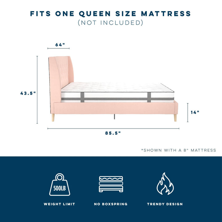 Her Majesty Wingback Bed with a Button Tufted Headboard and Tapered Wood Legs - Pink - Queen