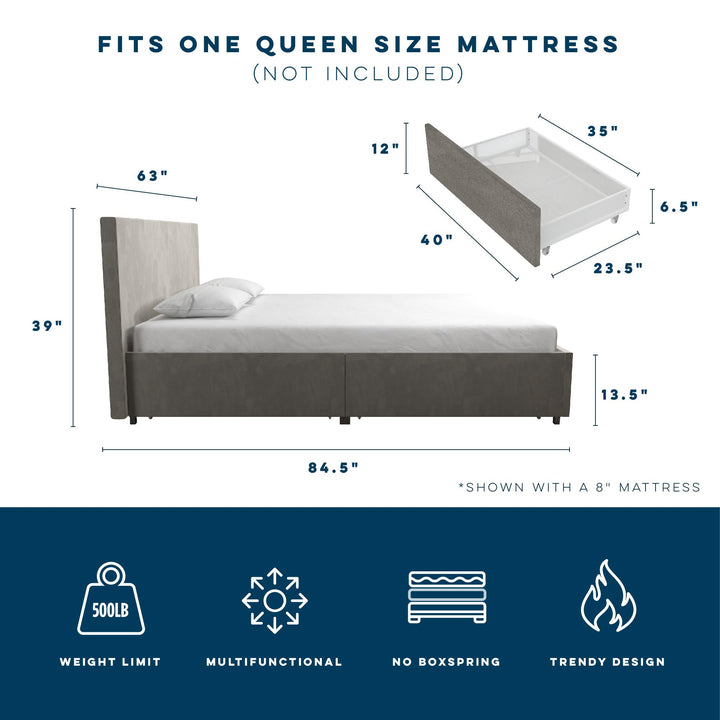 Bed with 4 Storage Drawers -  Light Gray 