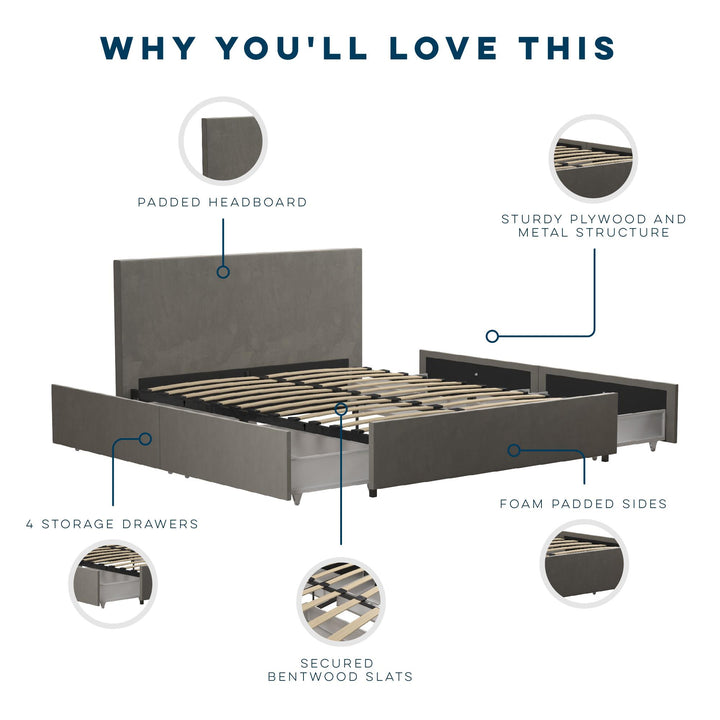 Kelly Upholstered Bed with Drawers -  Light Gray 