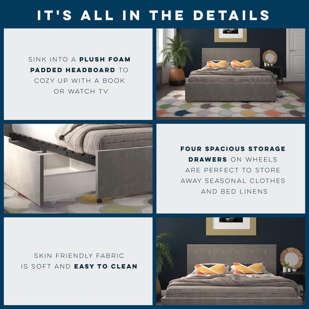 Upholstered Bed with Storage Drawers -  Light Gray 