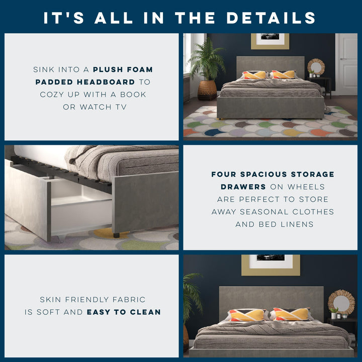 Upholstered Bed with Storage Drawers -  Light Gray 
