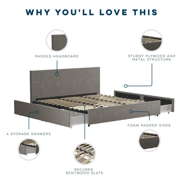 Kelly Upholstered Bed with Storage -  Light Gray 