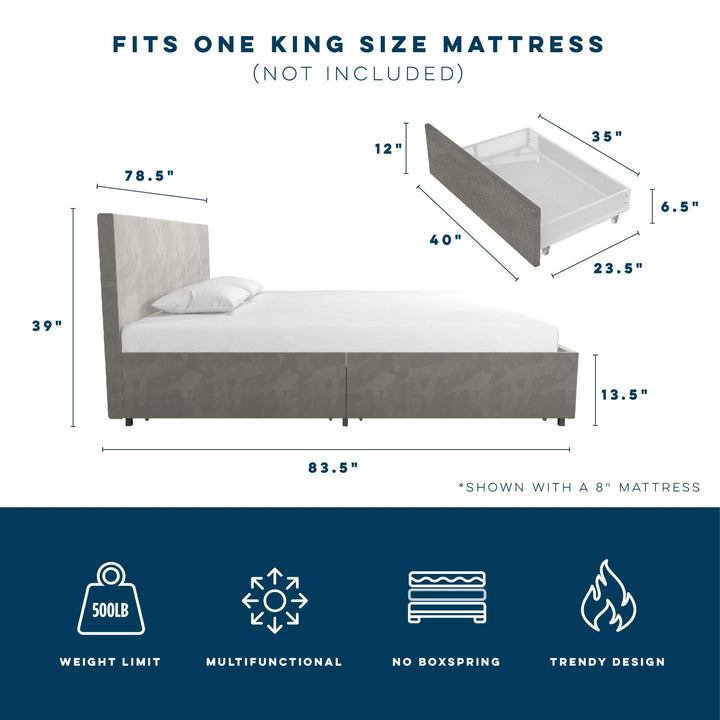 Kelly Upholstered Bed with 4 Storage Drawers -  Light Gray 