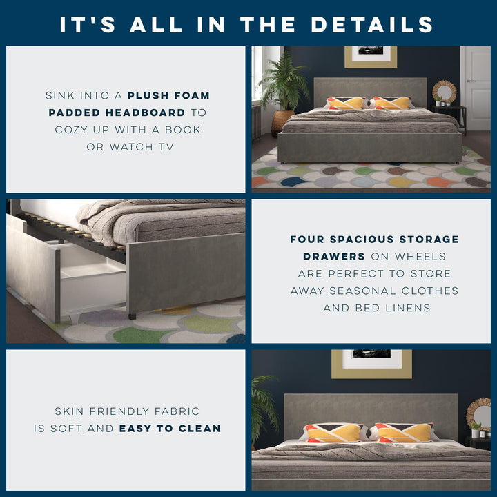 Kelly Upholstered Bed with Storage Drawers -  Light Gray 
