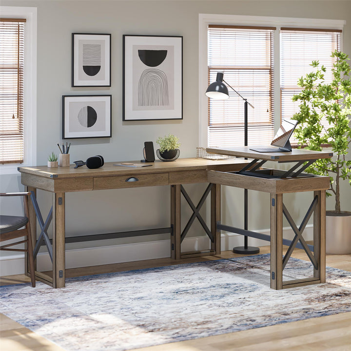 Wildwood Rustic Farmhouse L-Shaped Desk with Lift Top and 1 Drawer - Rustic Gray