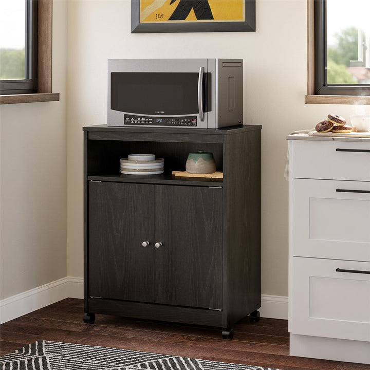 Landry 2 Door Utility Microwave Cart with Shelves - Black Oak