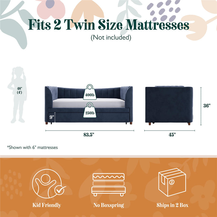 Valentina Upholstered Daybed with Trundle and Vertical Stitching - Blue - Twin