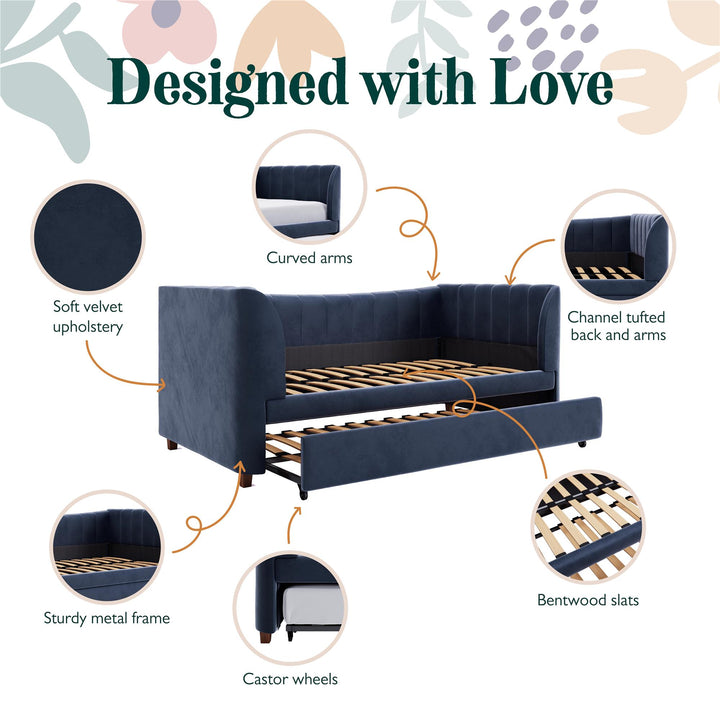 Valentina Upholstered Daybed with Trundle and Vertical Stitching - Blue - Twin