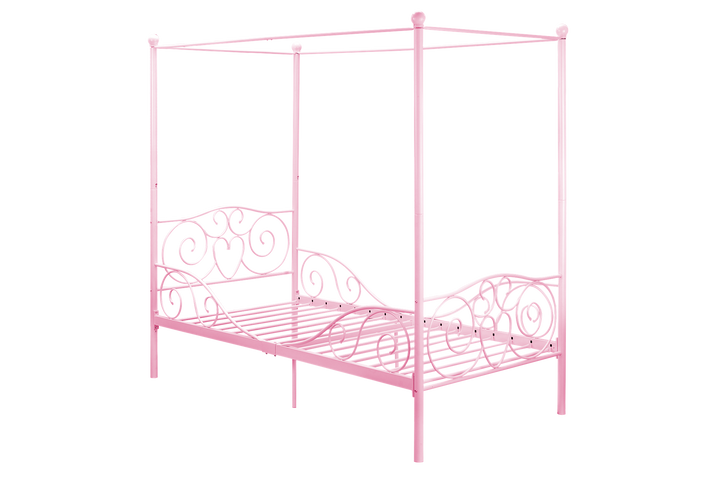 Canopy Metal Bed Frame with Intricate Design Headboard and Secured Slats - Pink - Twin