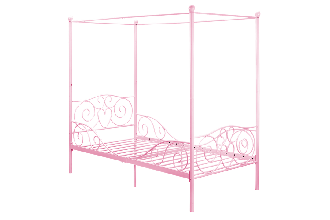 Canopy Metal Bed Frame with Intricate Design Headboard and Secured Slats - Pink - Twin