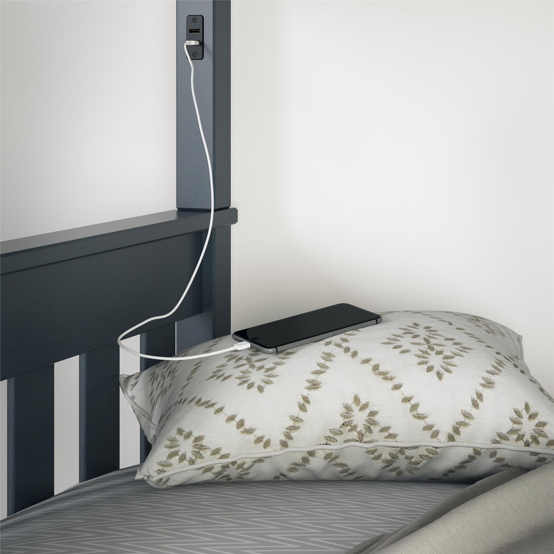 Moon Full-Over-Full Wood Bunk Bed with USB Port and Integrated Ladder - Gray
