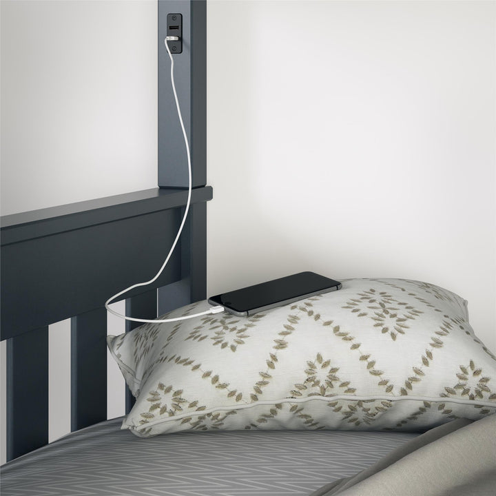 Moon Full-Over-Full Wood Bunk Bed with USB Port and Integrated Ladder - Gray