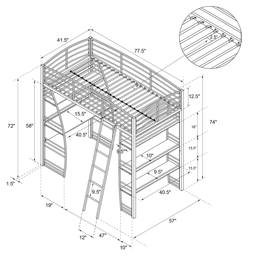Sage Studio Twin Loft Bed with Integrated Desk and Shelves - Silver - Twin