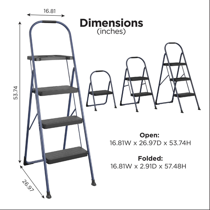 Multi-Step Folding Step Stool with 225 lb Weight Capacity - Navy - 3 Step with Tray