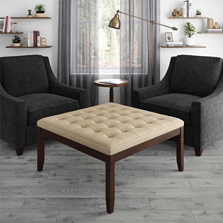 Charlie Square Ottoman with Wood Frame and Upholstered Cushion Top - Beige