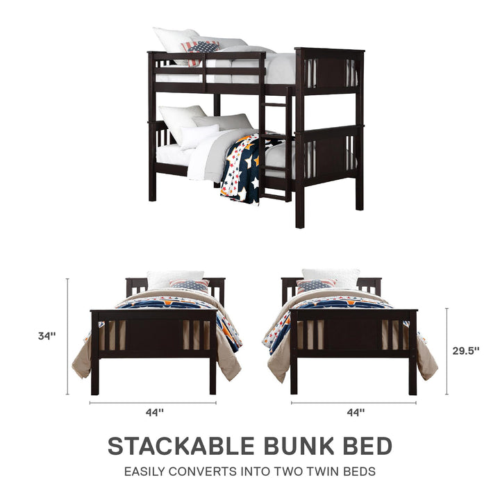 Dylan Wooden Twin over Twin Bunk Bed with Wood Slats - Espresso