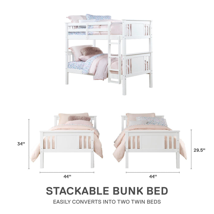 Dylan Wooden Twin over Twin Bunk Bed with Wood Slats - White