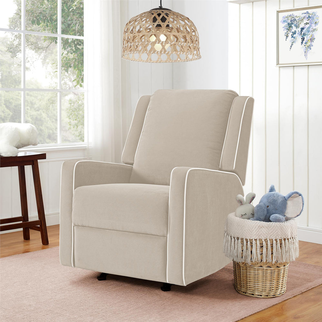 Robyn Rocker Recliner Chair: Upholstered with White Trim Detail – RealRooms