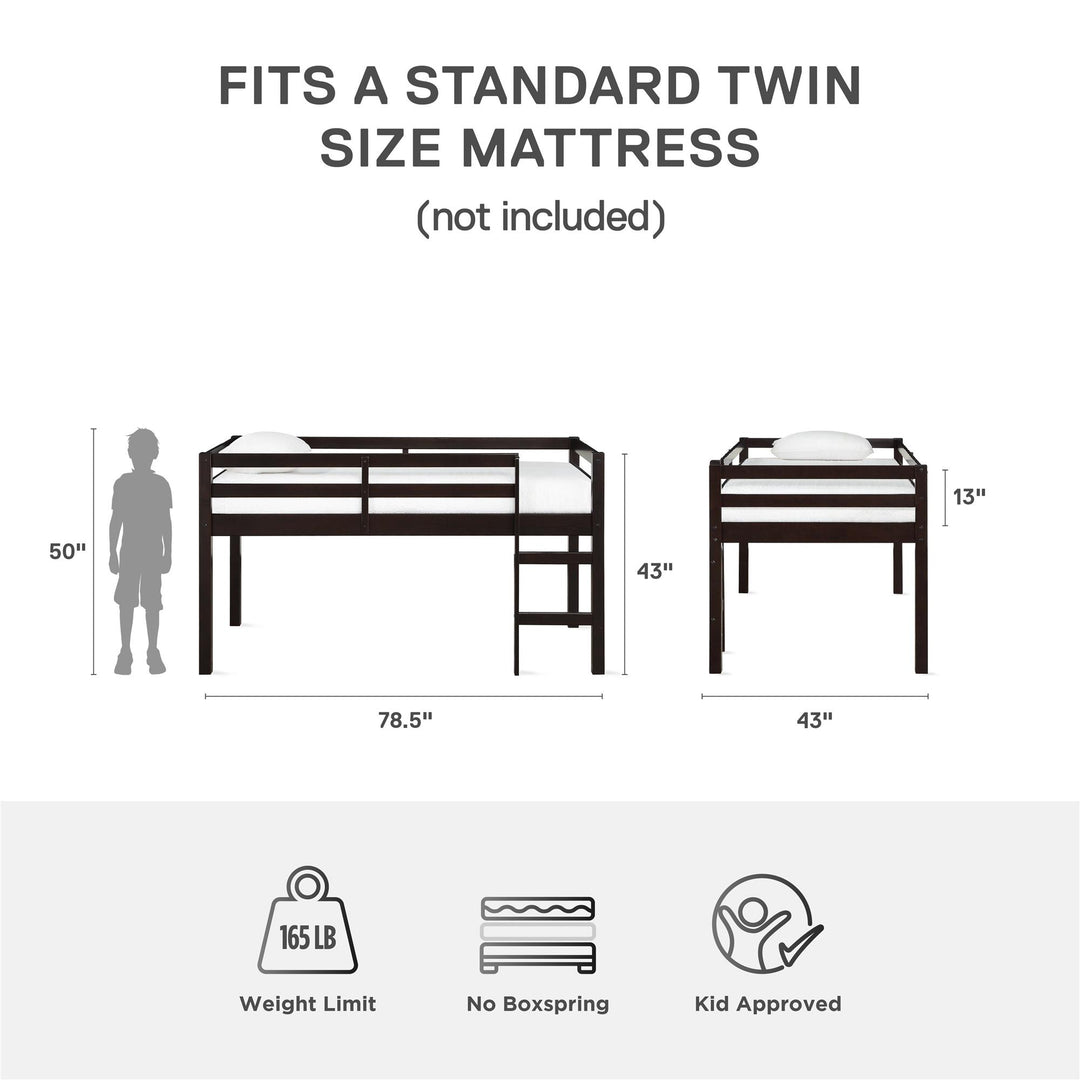 Milton Junior Twin Size Wooden Espresso Loft Bed for Kids - Espresso