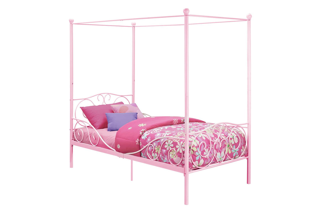 Canopy Metal Bed Frame with Intricate Design Headboard and Secured Slats - Pink - Twin