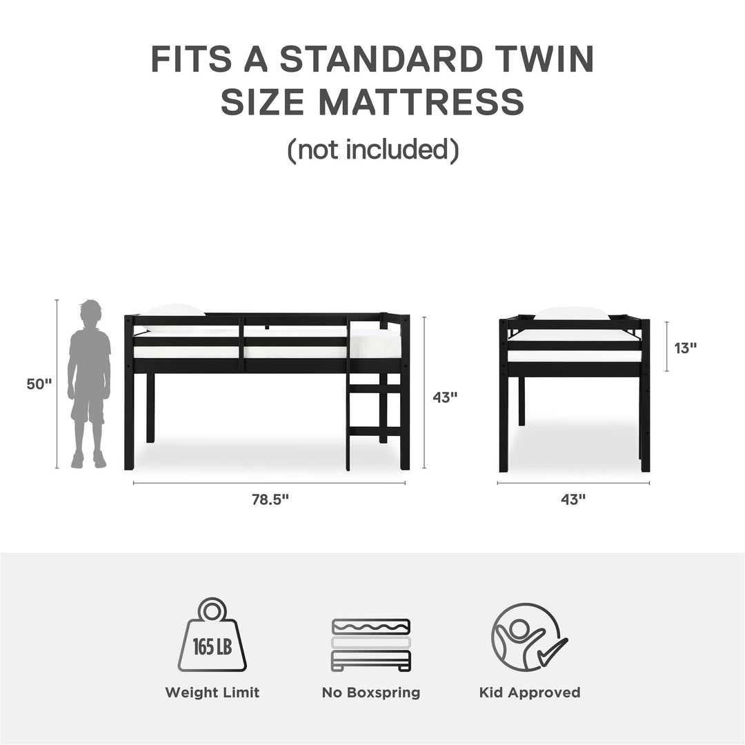 Milton Junior Twin Size Wooden Espresso Loft Bed for Kids - Black