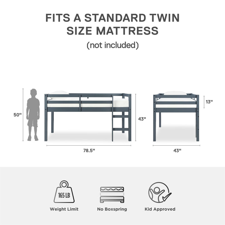 Milton Junior Twin Size Wooden Espresso Loft Bed for Kids - Gray