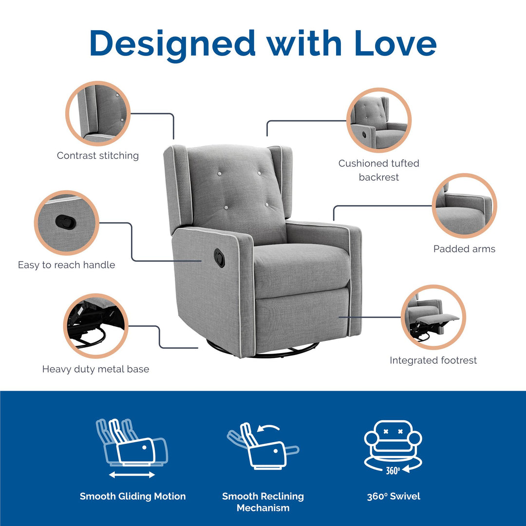 Swivel Glider Recliner with Comfort Seating -  Grey Linen