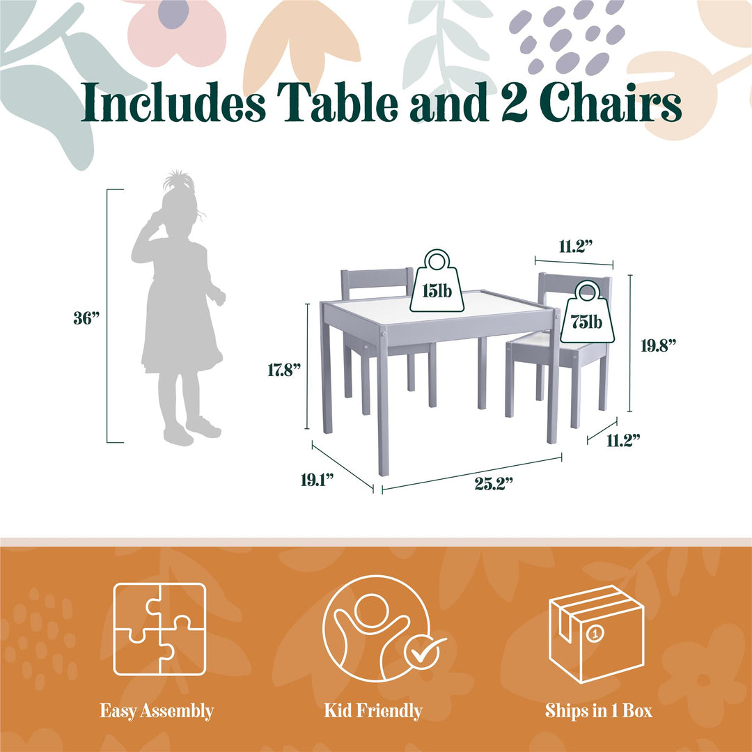 Hunter 3-Piece Kiddy Table and Chair Kids Set - Gray
