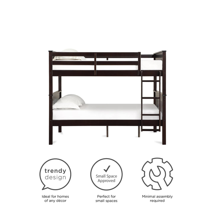 Moon Full-Over-Full Wood Bunk Bed with USB Port and Integrated Ladder - Espresso