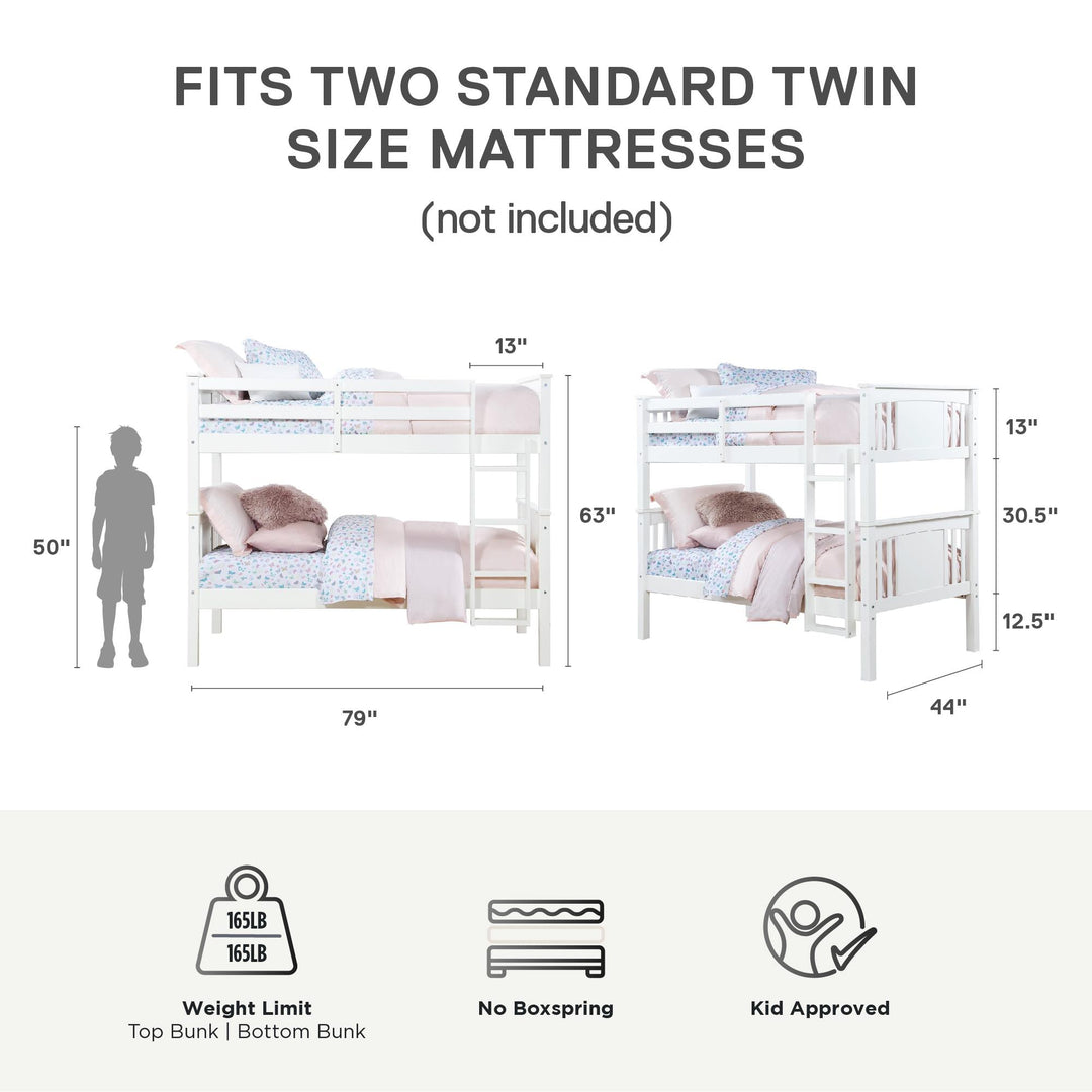 Dylan Wooden Twin over Twin Bunk Bed with Wood Slats - White