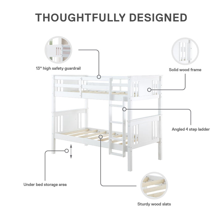 Dylan Wooden Twin over Twin Bunk Bed with Wood Slats - White